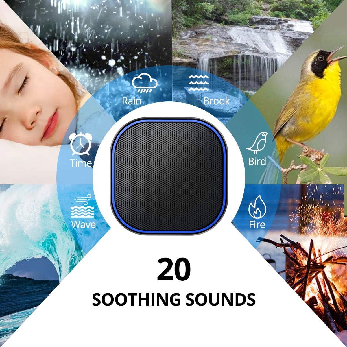 Máquina de sonido blanco Magicteam con 20 sonidos naturales relajantes sin bucle, función de memoria, 32 niveles de volumen, alimentada por CA o USB y temporizador de terapia de sonido para dormir