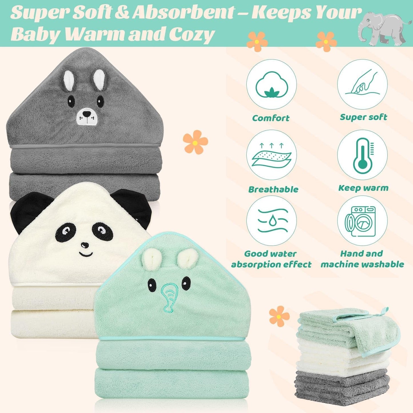 12 toallas de bebé, 3 toallas suaves con capucha y 9 paños de baño, toallas de baño para recién nacidos, bebés y niños pequeños, ultra absorbentes, lindas toallas de bebé de regalo para niños