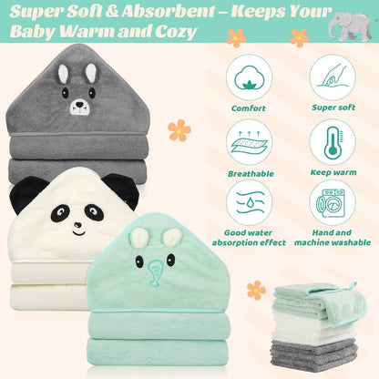 12 toallas de bebé, 3 toallas suaves con capucha y 9 paños de baño, toallas de baño para recién nacidos, bebés y niños pequeños, ultra absorbentes, lindas toallas de bebé de regalo para niños