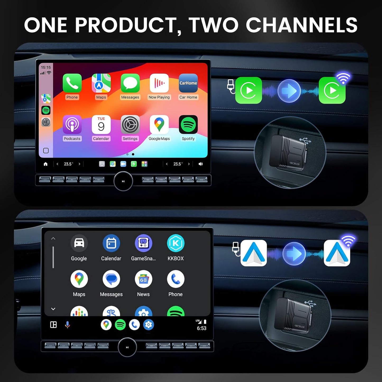 H-Air - Adaptador inalámbrico CarPlay y Android Auto, actualización 2025, dongle USB Plug & Play, convierte CarPlay Auto con cable a inalámbrico, sin latencia, conexión rápida, para