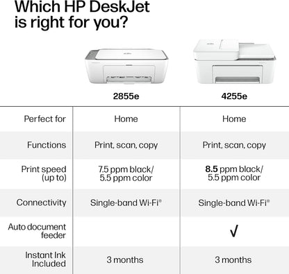 HP DeskJet 2855e Impresora inalámbrica de inyección de tinta todo en uno, escáner, fotocopiadora, lo mejor para el hogar, 3 meses de tinta instantánea incluida, conectividad Wi-Fi de una sola banda