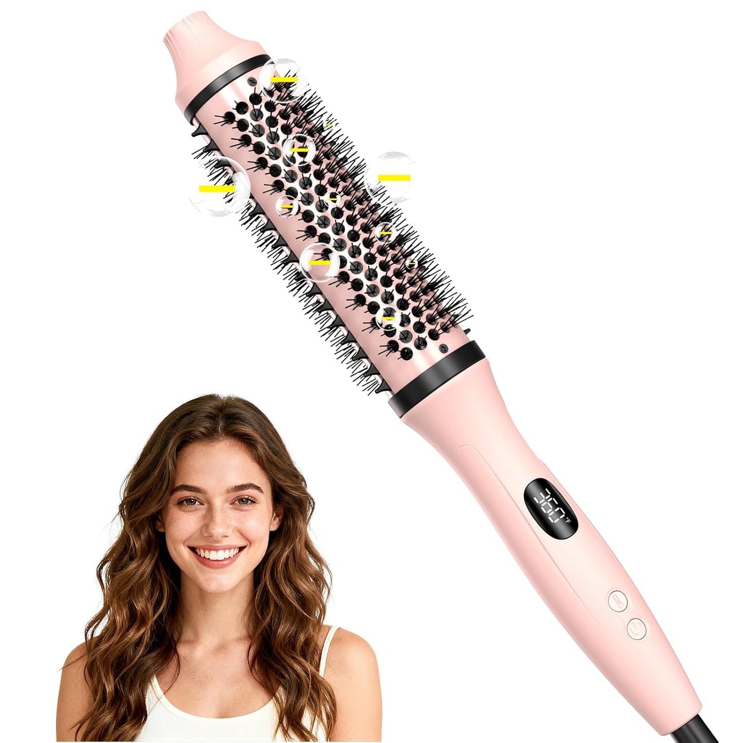 Bopcal Cepillo Térmico de Doble Voltaje, Cepillo Redondo Calentado de 1.5 Pulgadas para Look de Peinado, Rizador Térmico con Iones Negativos y Cerámica para Dar Volumen, 6 Temperaturas y Apagado