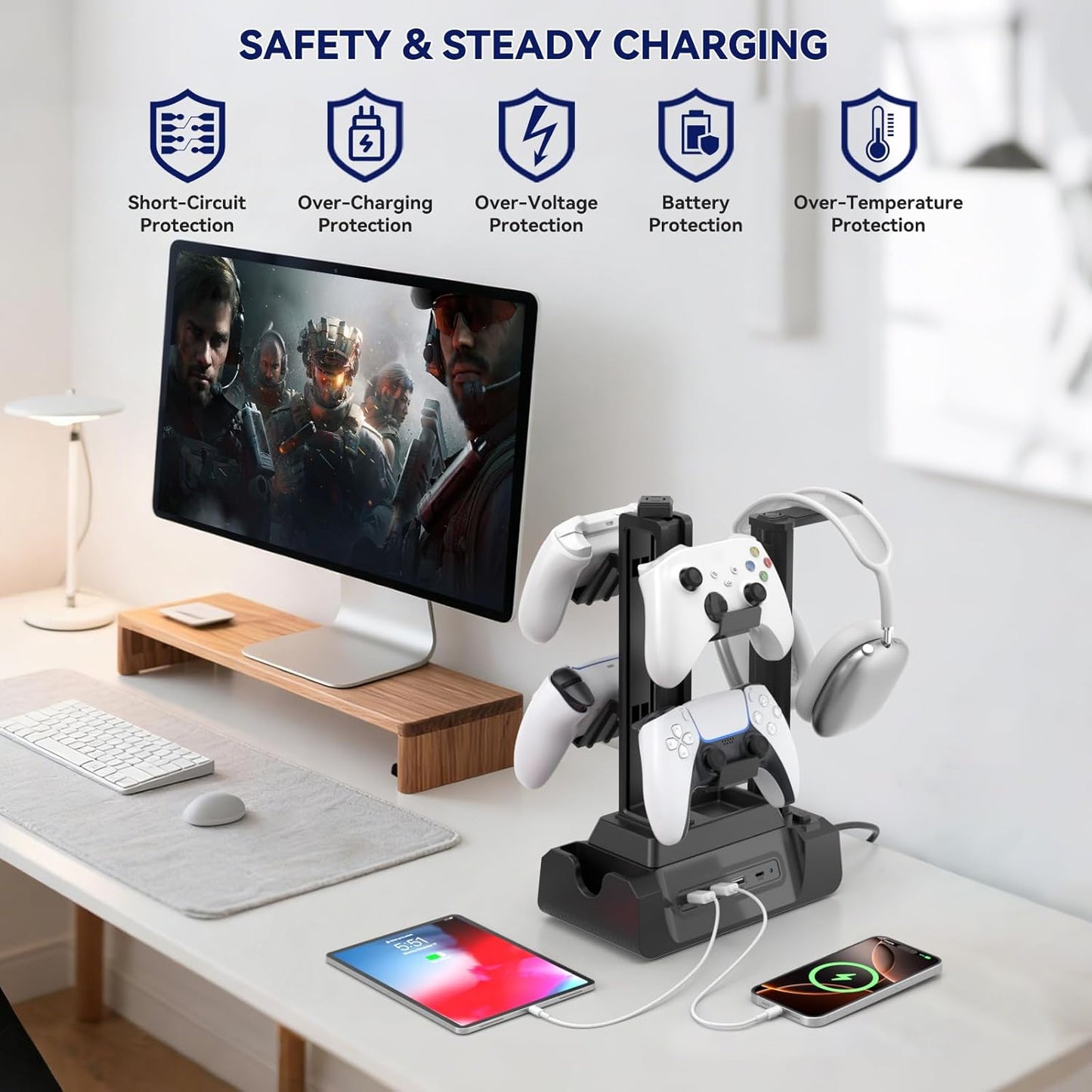 KDD Estación de carga para múltiples dispositivos - Base de carga de 4 puertos con controlador y soporte para auriculares - 3 USB A y 1 USB C para teléfono celular, tableta y otros dispositivos
