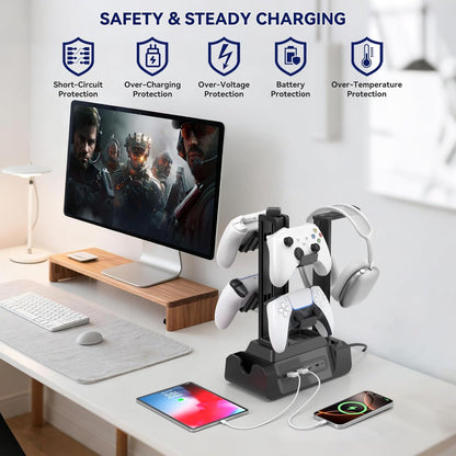KDD Estación de carga para múltiples dispositivos - Base de carga de 4 puertos con controlador y soporte para auriculares - 3 USB A y 1 USB C para teléfono celular, tableta y otros dispositivos
