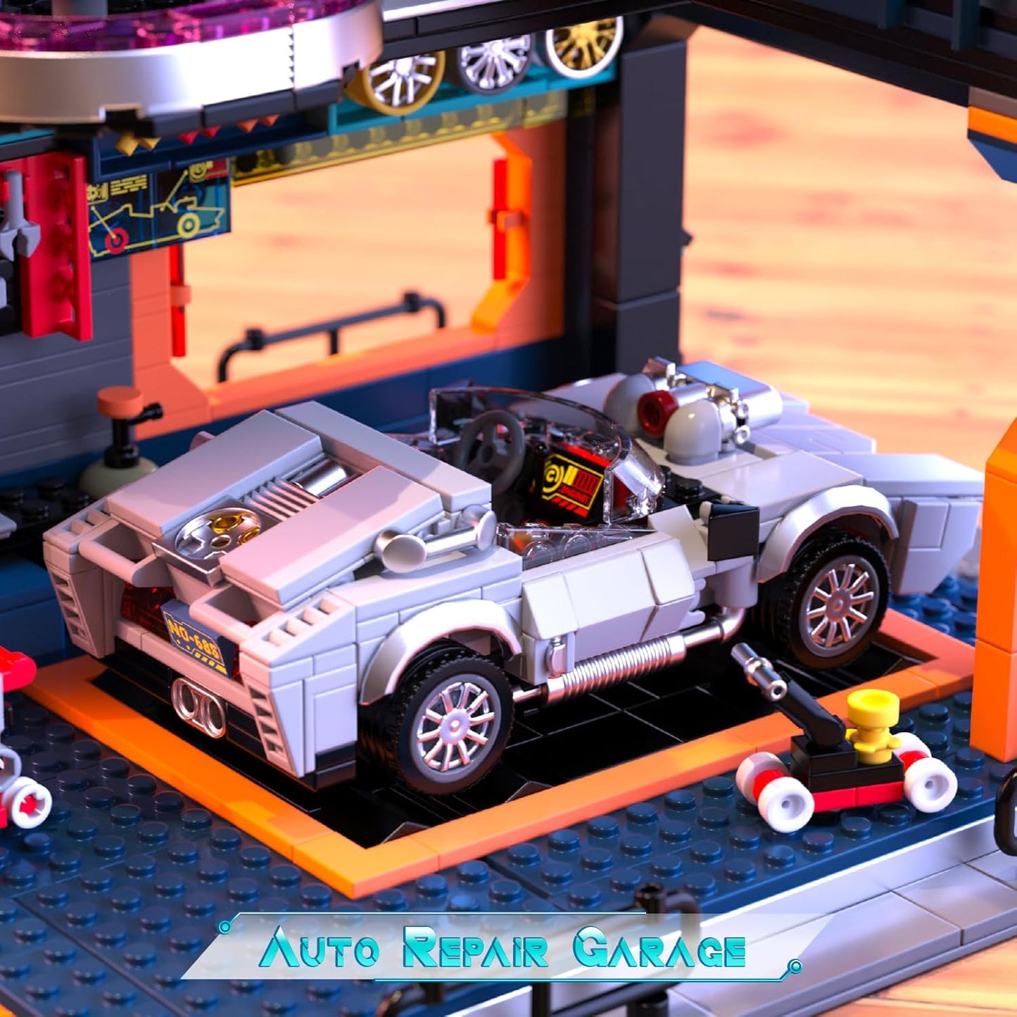 Cyber-Punk Mansion - Juego de bloques de construcción, 2098 piezas de neón para reparación de automóviles con automóvil deportivo de ciencia ficción, colección modular de vista de calle Cyber-Punk