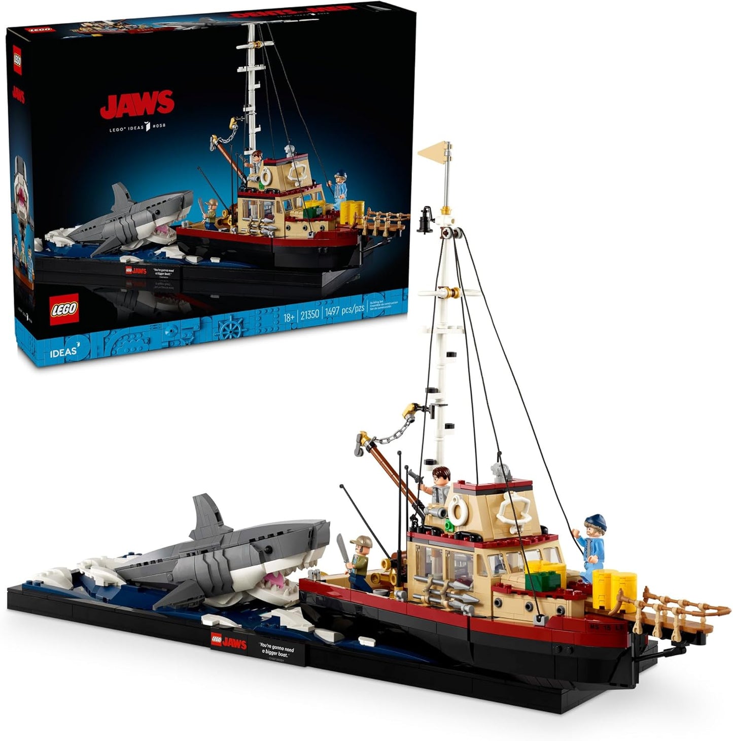 LEGO Ideas Jaws Set – Kit de diorama para fanáticos de la película clásica – Juguete de tiburón – Regalo de recuerdos de película para adultos – Incluye barco Orca y las minifiguras de Chief Brody