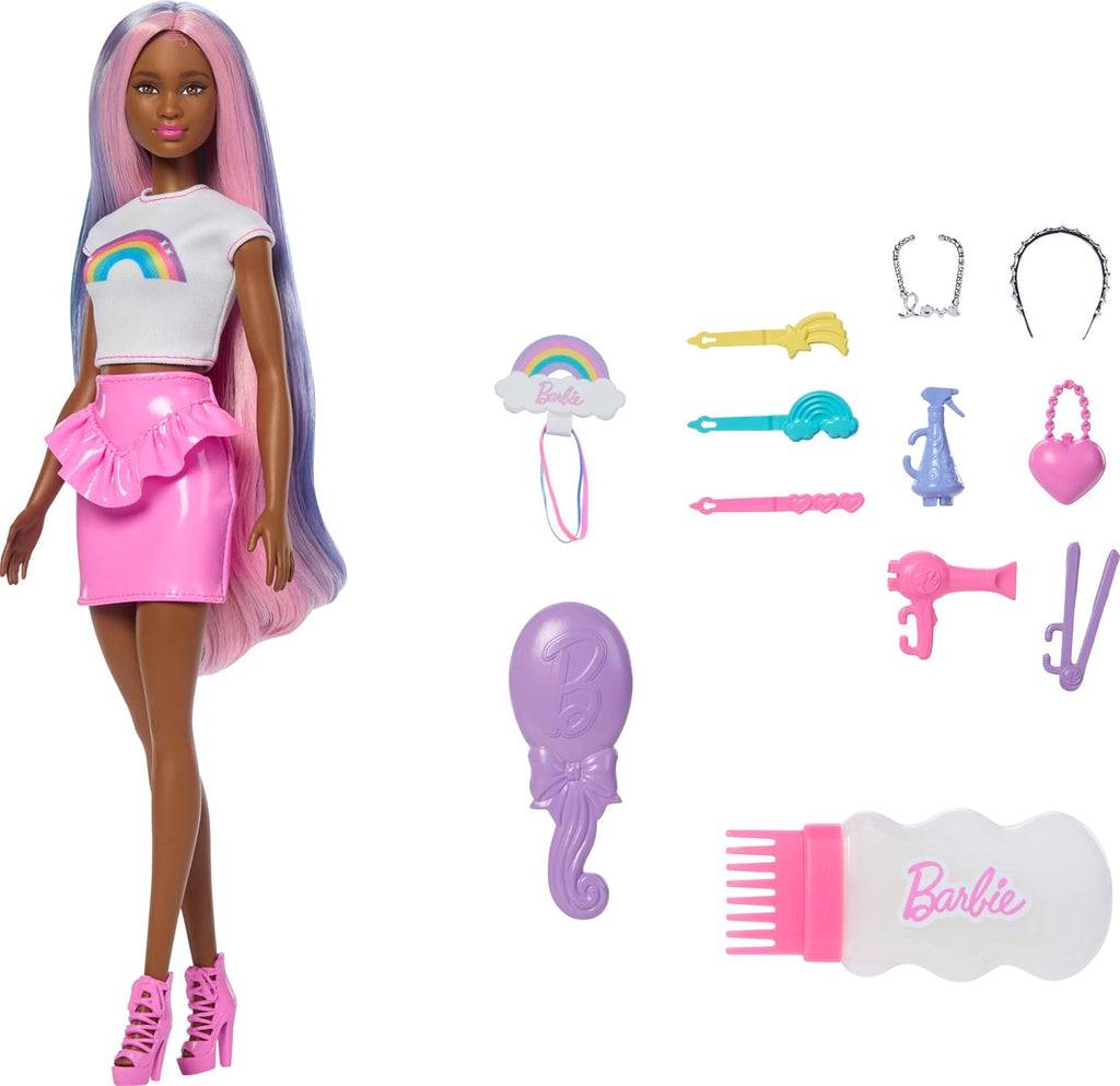 Muñeca Barbie Rainbow Sparkle Hair, pelo extra largo y colorido con...