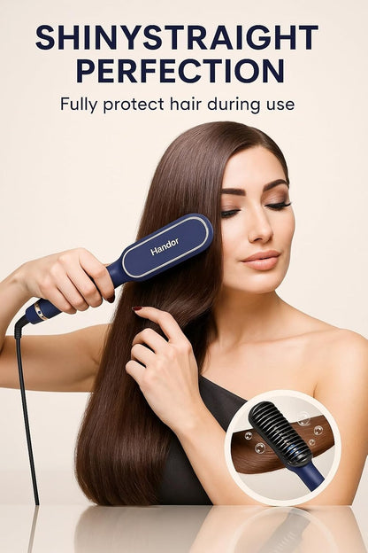 Cepillo alisador de cabello iónico mejorado, peine alisador para mujeres con 9 ajustes de temperatura, pantalla LED, calentamiento rápido (250°F-410°F), doble voltaje, azul