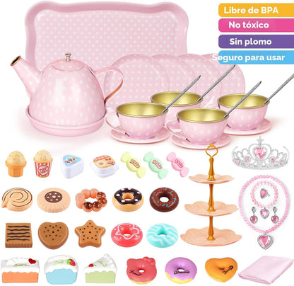 iAOVUEBY Juego de fiesta de té para niñas pequeñas, 49 piezas de ju...