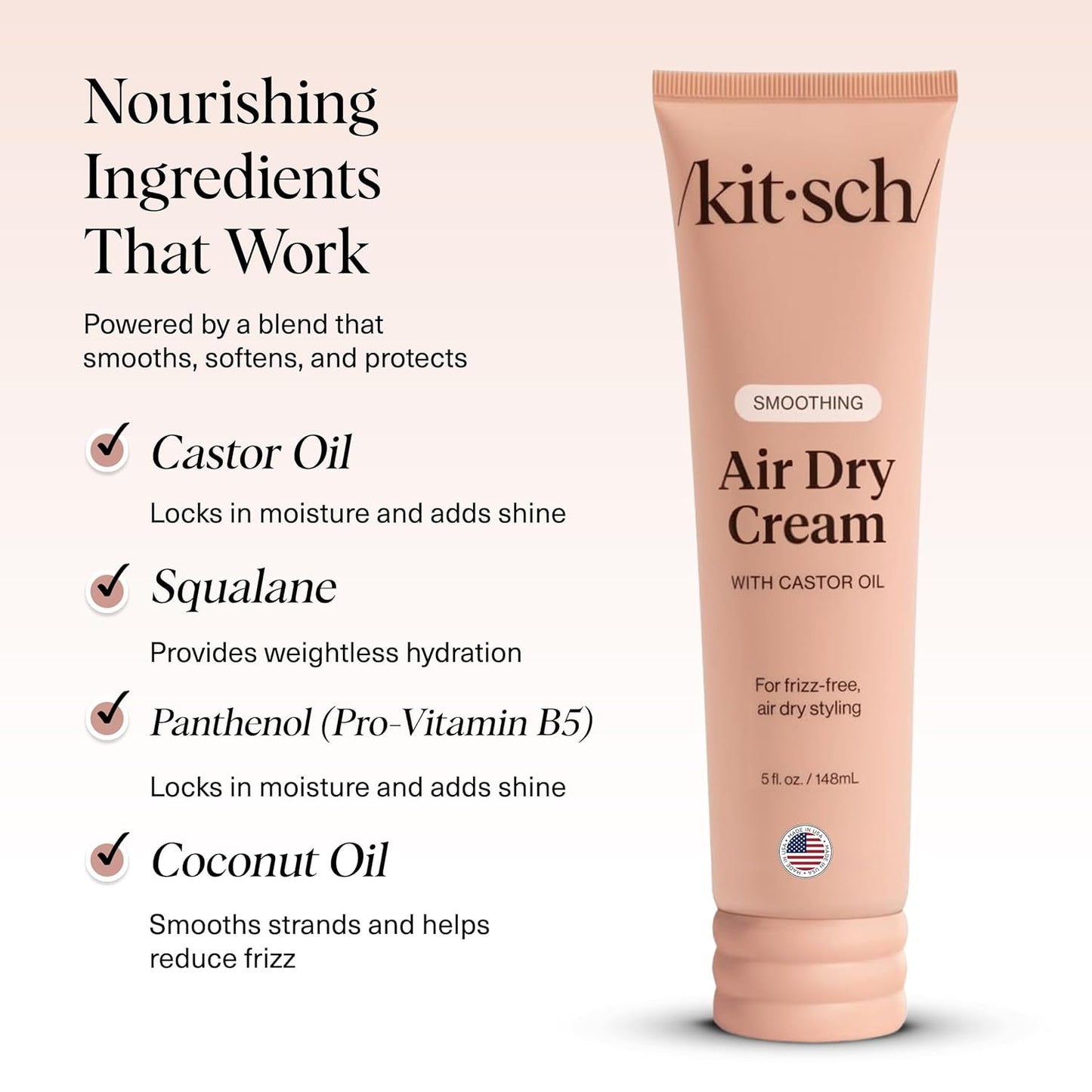 Kitsch Crema suavizante de secado al aire para el cabello, producto para el cuidado del cabello con aceite de ricino y aceite de coco, crema de peinado sin peso, mejora la apariencia de la textura
