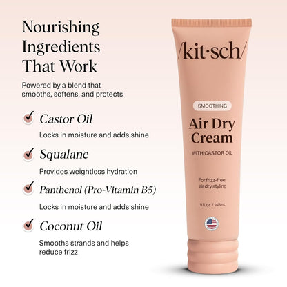 Kitsch Crema suavizante de secado al aire para el cabello, producto para el cuidado del cabello con aceite de ricino y aceite de coco, crema de peinado sin peso, mejora la apariencia de la textura