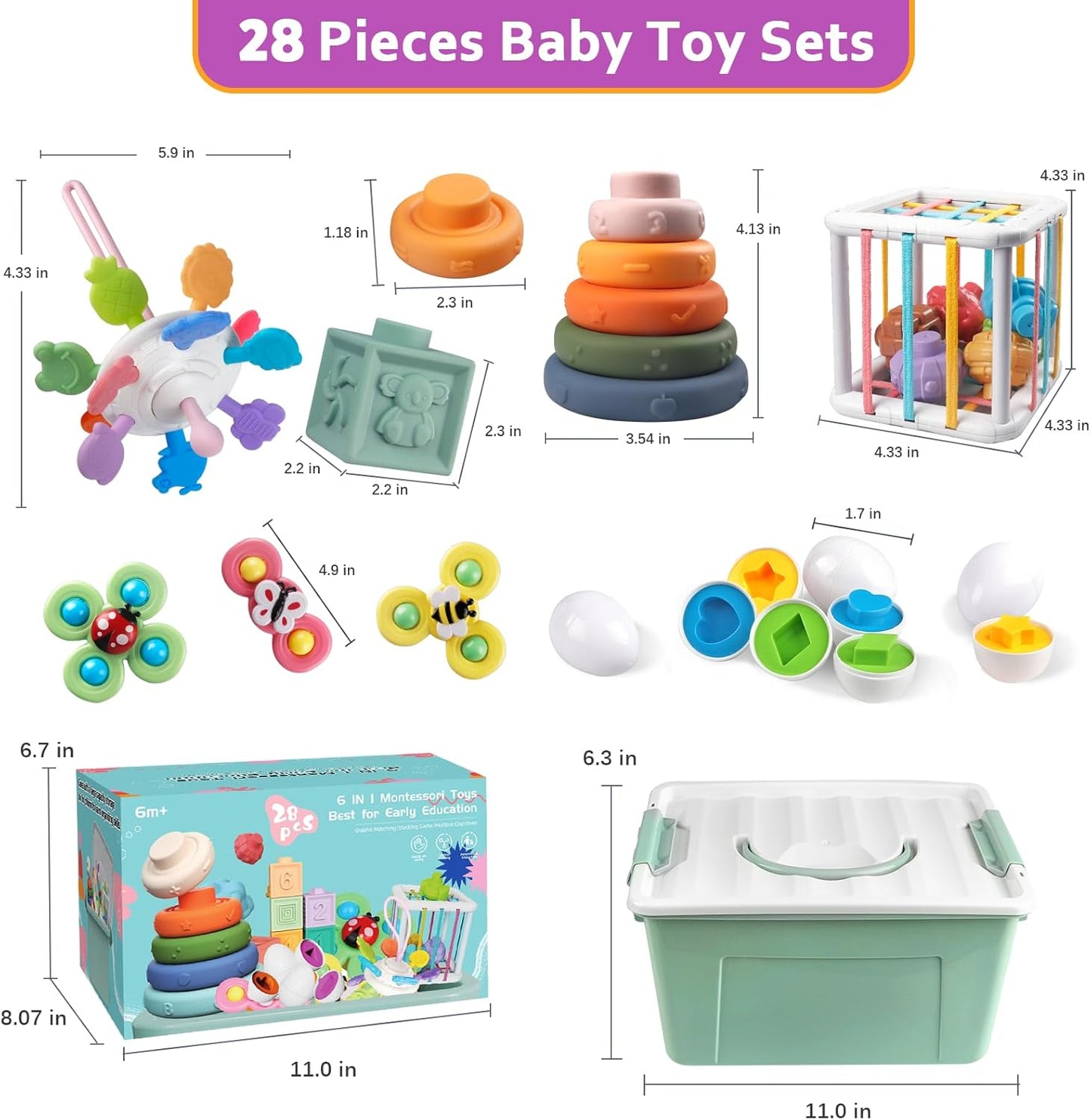 Juguetes para bebés de 6 a 12 meses, cubos sensoriales Montessori y juguetes de dentición, bloques apilables 6 en 1, anillos, huevos, giratorio, forma de cangrejo, 27 piezas, edades de 6 a 36