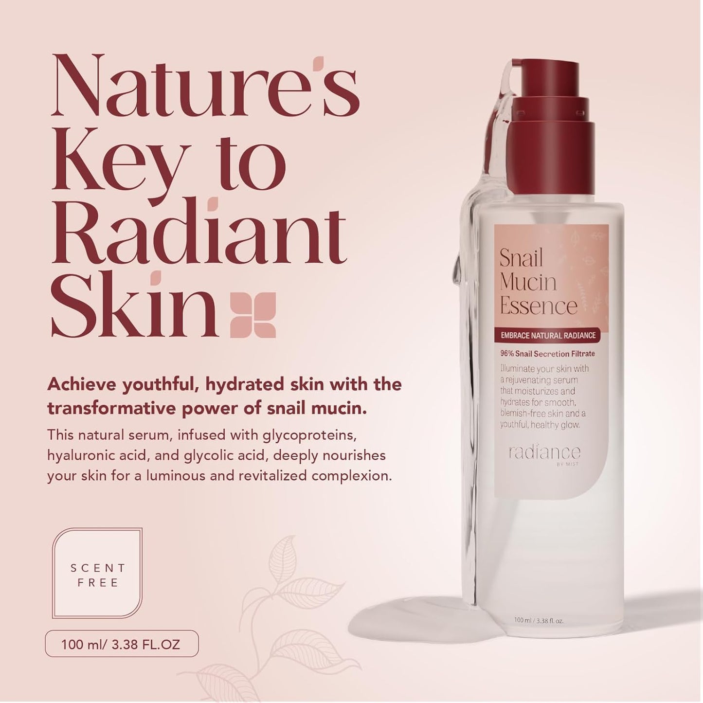 Radiance Snail Mucin Serum con caracol avanzado 96% esencia de poder de mucina, cuidado de la piel coreano con suero coreano hidratante de ácido hialaurónico, 3.38 fl oz, 3.4 fl oz
