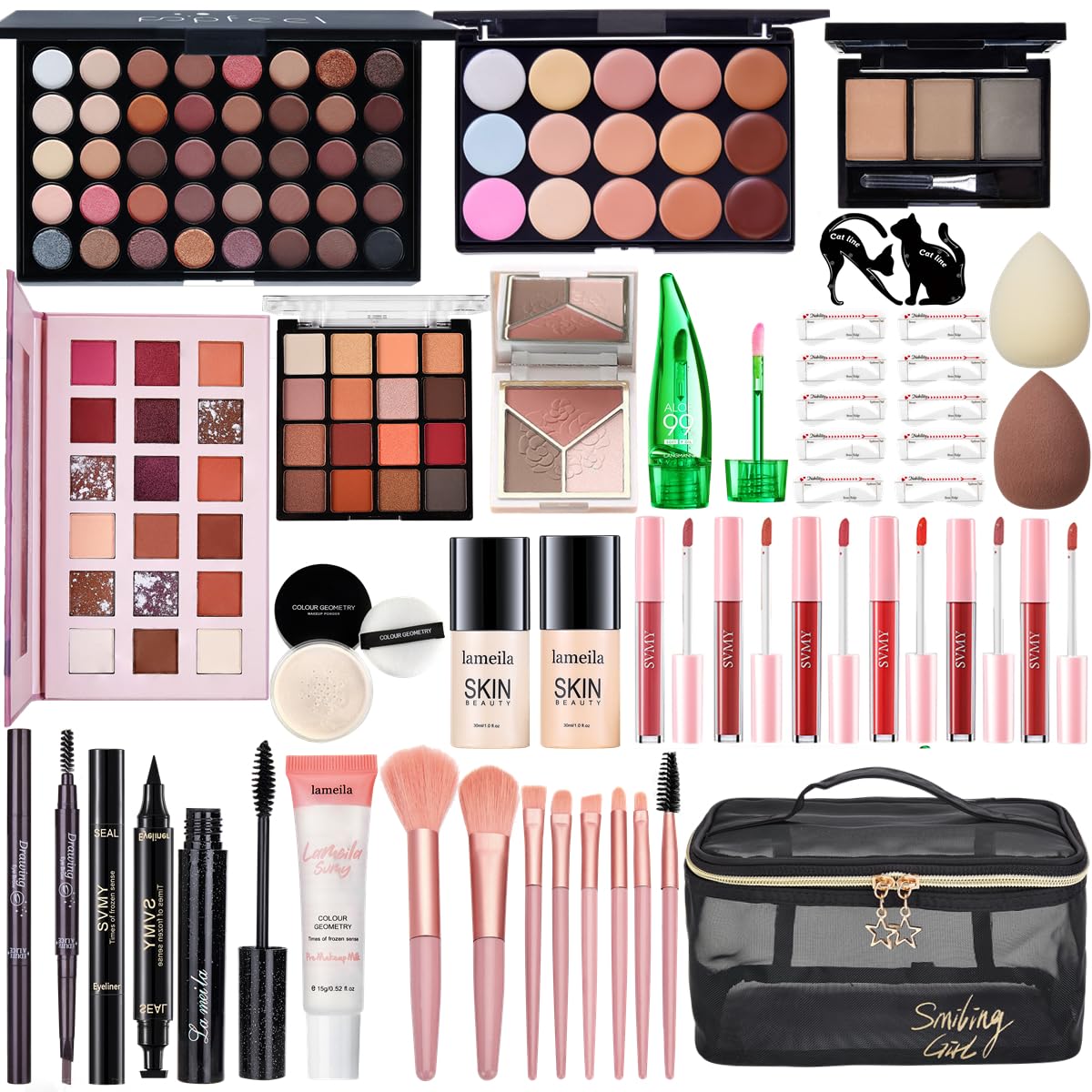 Kit de maquillaje todo en uno para mujer, kit completo de maquillaje, juego de regalo de maquillaje para mujer, paquete esencial de maquillaje incluye base, imprimación facial, paleta de sombras de