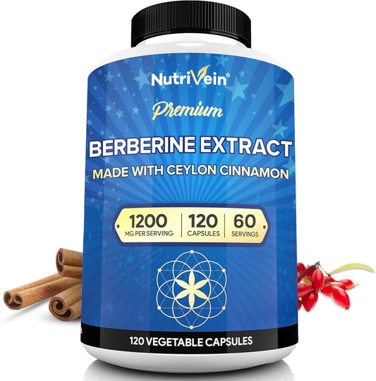 Nutrivein Berberina Premium 1200 mg con Canela de Ceilán - 120 Cápsulas: Suplemento de berberina de alta absorción para defensas, digestión y metabolismo
