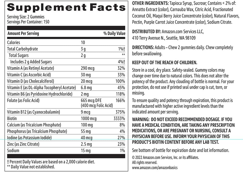 Amazon Basics Multivitamínico para mujer, 300 gomitas (150 porcione...