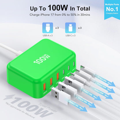 Cargador rápido USB C, 100W GaN estación de carga de 6 puertos tipo...