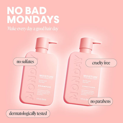 MONDAY HAIRCARE Champú hidratante + acondicionador para cabello seco, grueso, estresado y encrespado, hecho con aceite de coco, proteína de arroz, manteca de karité y vitamina E, todo natural, 12