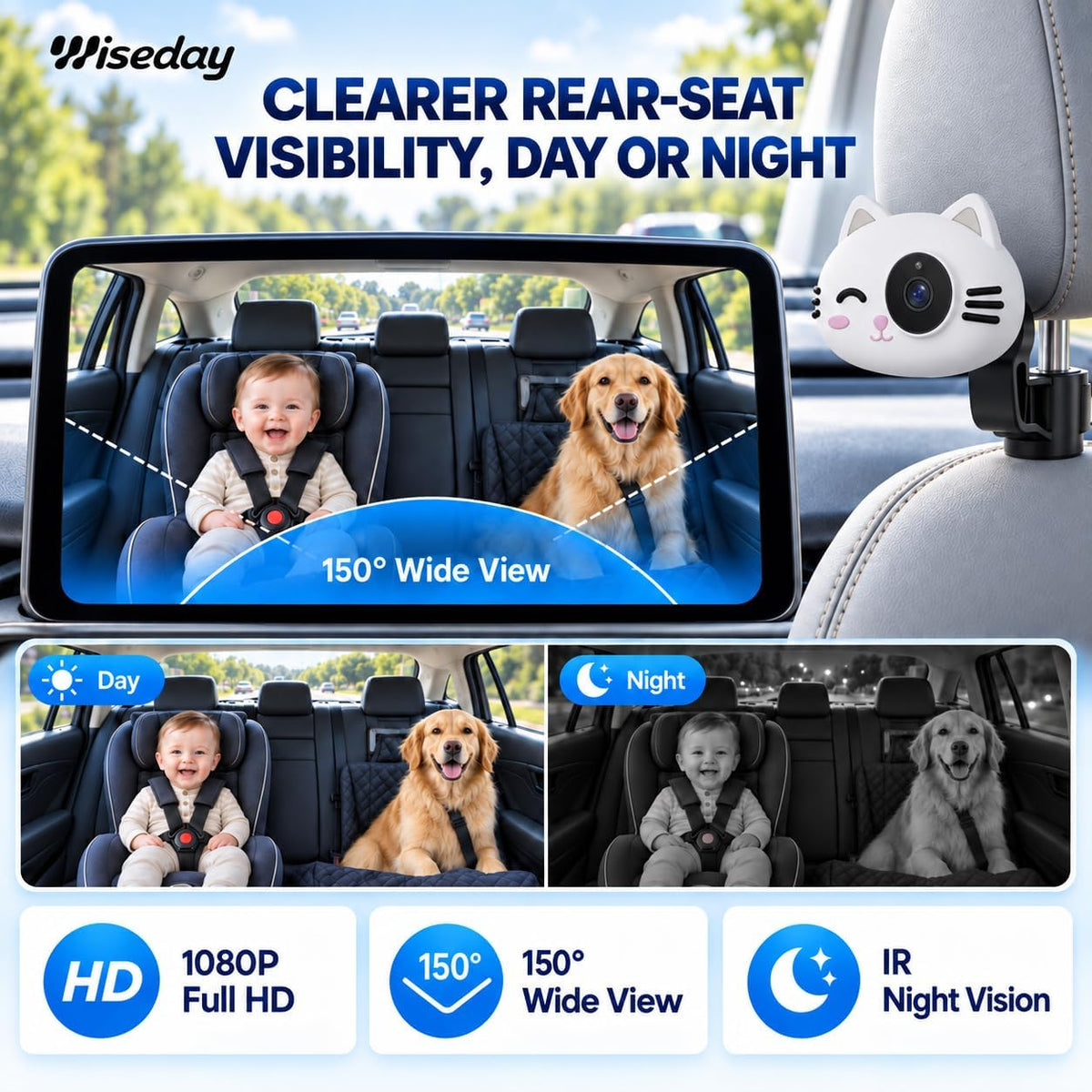 Wiseday Cámara de coche de bebé 2 en 1 y adaptador inalámbrico CarP...