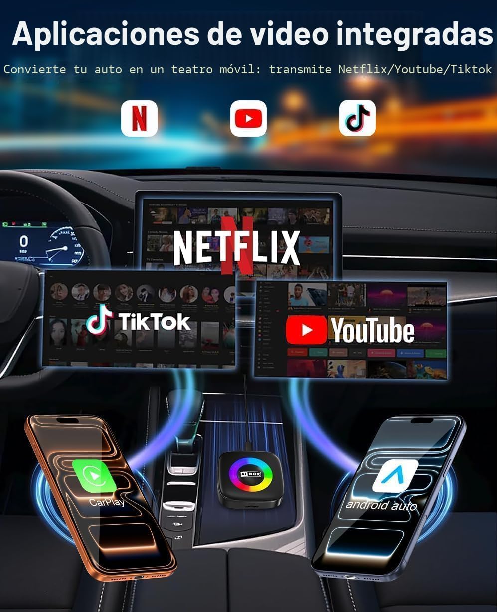 Adaptador inalámbrico Carplay para iPhone Ai Magic Box con Netflix/YouTube compatible con TF/Card Dongle Plug and Play Fácil configuración Carplay y Android Auto Video Entertainment para iOS 10+