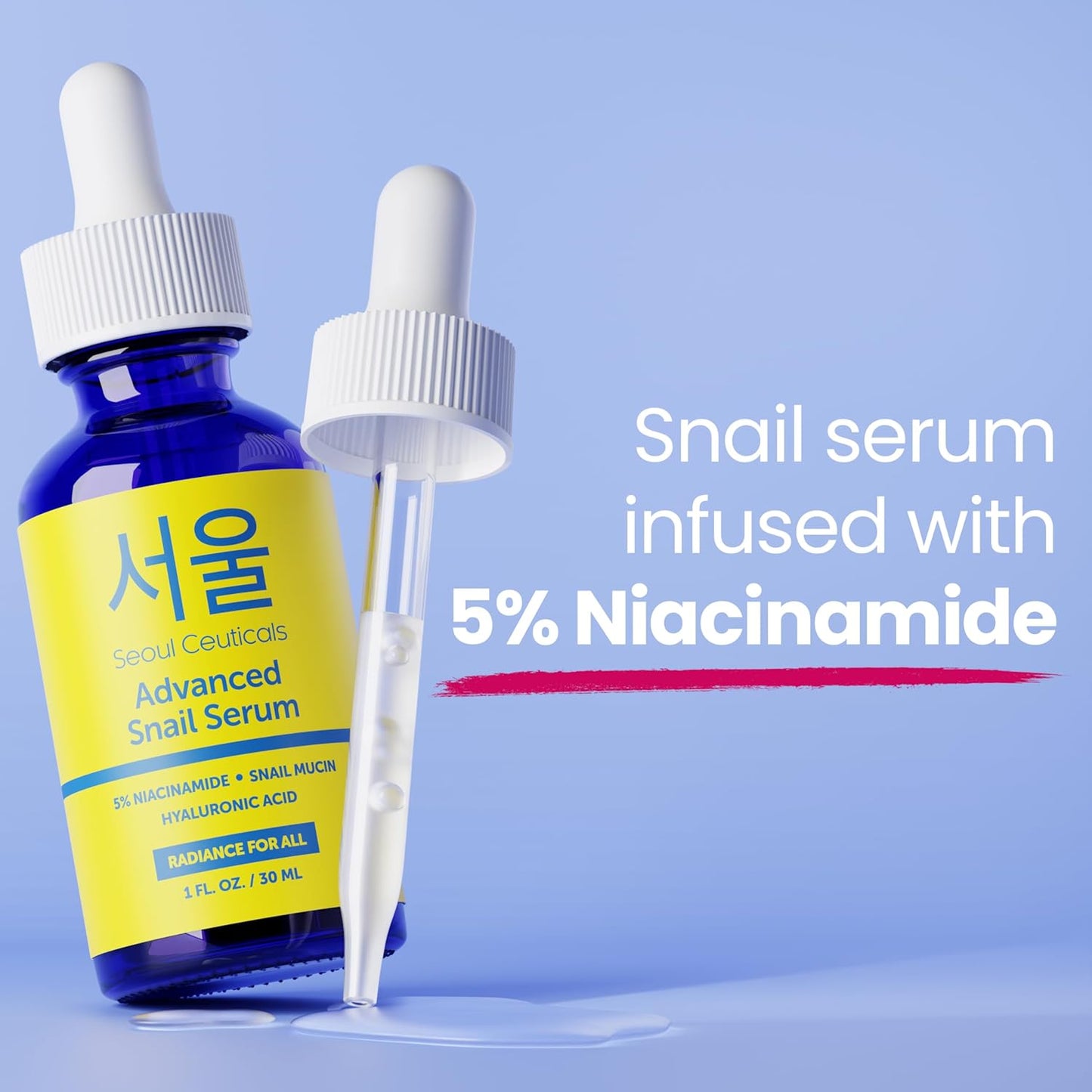 SeoulCeuticals K Beauty - Suero coreano al 5 % de niacinamida + mucina de caracol al 97.5 % + ácido hialurónico, cuidado de la piel coreano sin crueldad, suero facial antienvejecimiento natural y