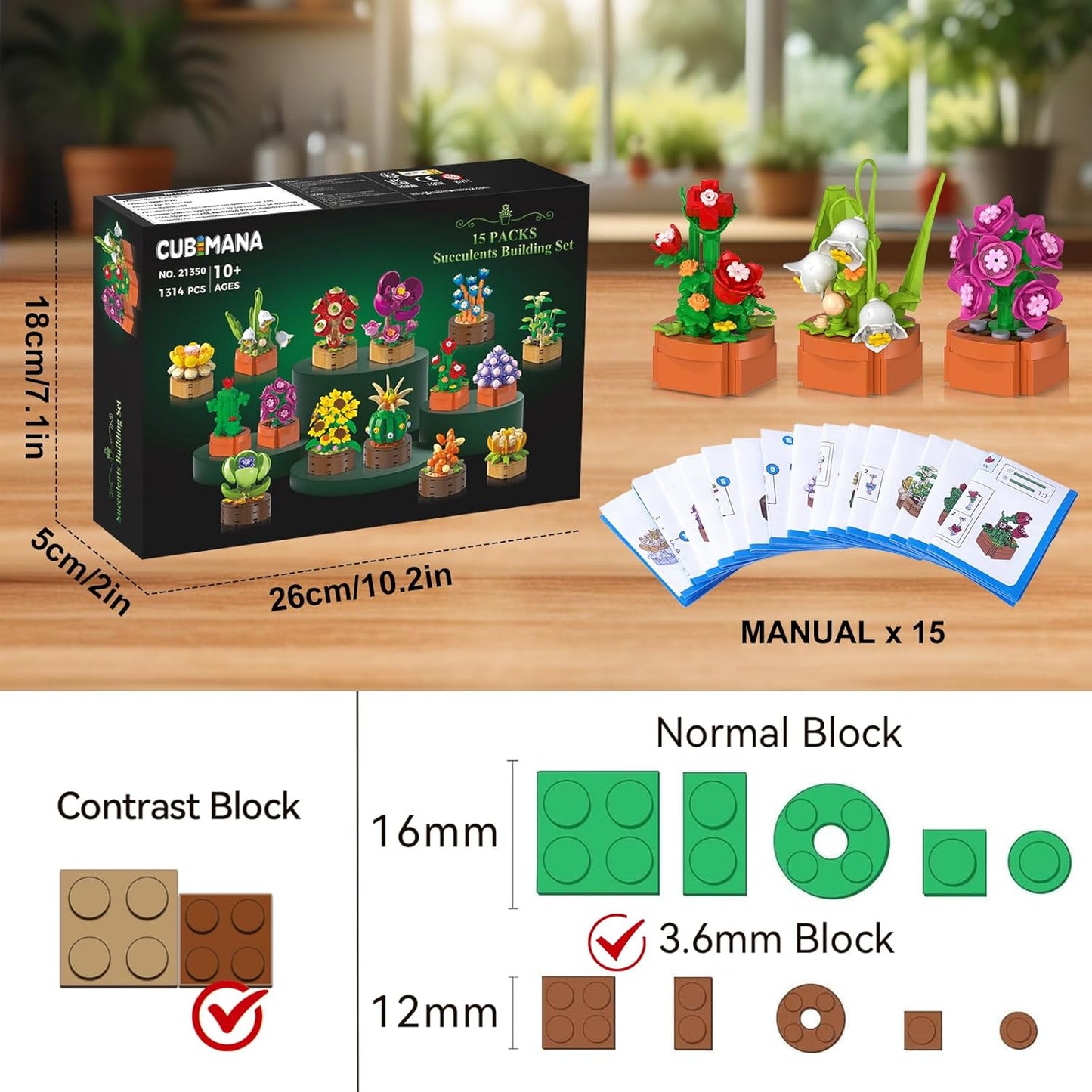 Paquete de 15 mini construcción de flores y plantas, 1314 piezas de suculentas de flores de 0.142 in, colección botánica, juguete de bloque para decoración del hogar, oficina, regalos de cumpleaños de Pascua para adultos, mujeres, niños y niñas mayores de
