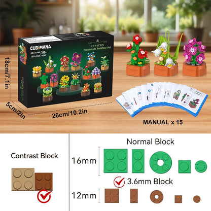 Paquete de 15 mini construcción de flores y plantas, 1314 piezas de suculentas de flores de 0.142 in, colección botánica, juguete de bloque para decoración del hogar, oficina, regalos de cumpleaños de Pascua para adultos, mujeres, niños y niñas mayores de