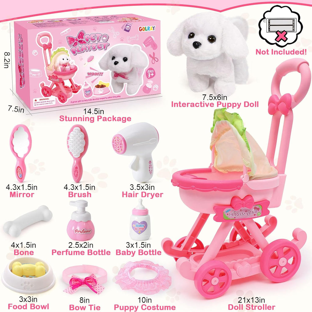Golray Juguetes de perro para niñas, cochecito y perro de peluche electrónico interactivo que puede caminar, ladrar, 10 piezas de juguete para niña, juego de cuidado de cachorros para niños pequeños
