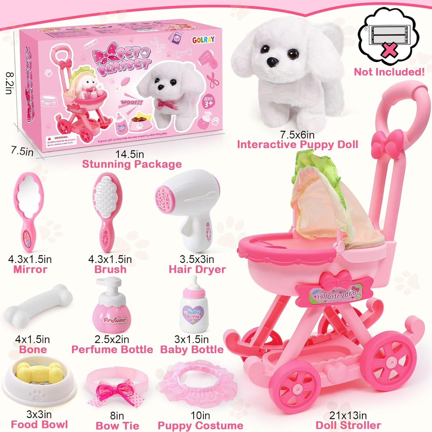 Golray Juguetes de perro para niñas, cochecito y perro de peluche electrónico interactivo que puede caminar, ladrar, 10 piezas de juguete para niña, juego de cuidado de cachorros para niños pequeños