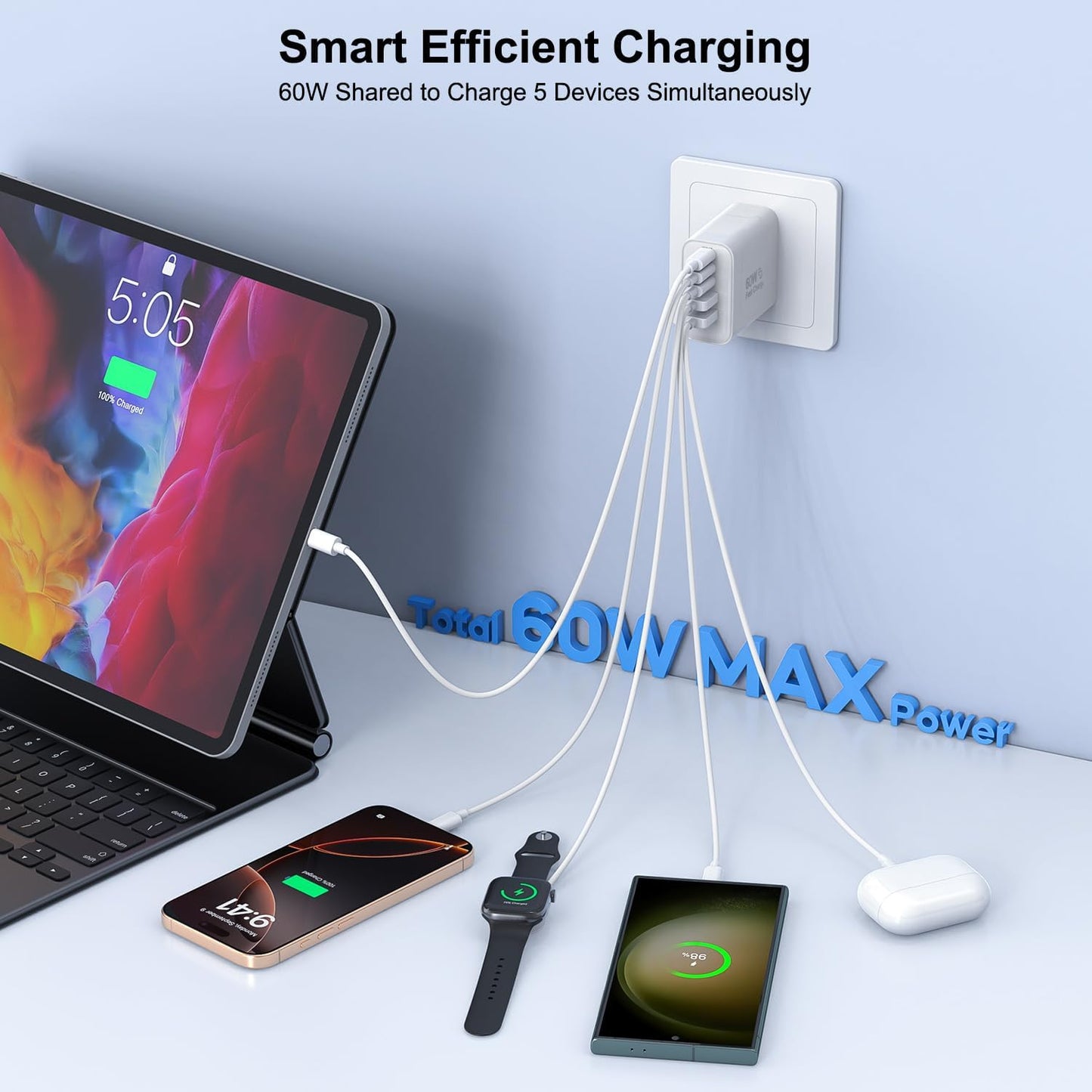 3 Pack Cargador Apple 17 Pro Max de Carga Rápida, Bloque de Carga de Pared USB C Multipuerto 60W PD 5 en 1 de Carga Rápida, Cubo de Enchufe de 16 Puertos de Carga Rápida para iPhone 17 Air/16/16e/16
