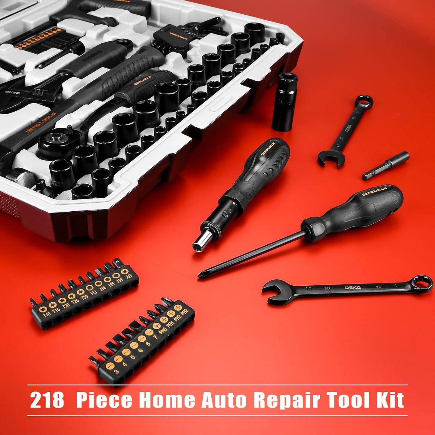 DEKOPRO Kit de herramientas manuales para el hogar general de 218 piezas, juego de herramientas profesionales de reparación de automóviles para propietarios de viviendas, juego de herramientas