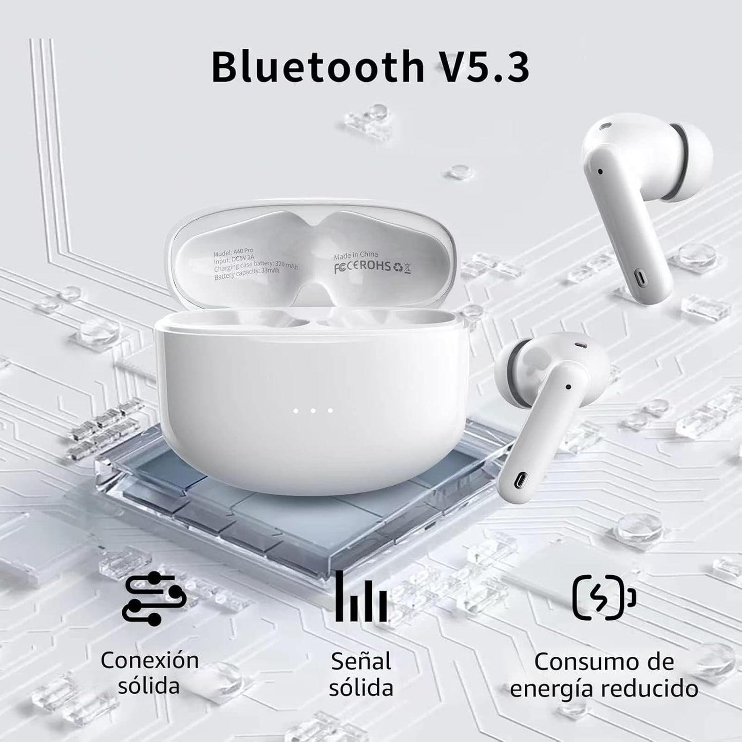 Auriculares inalámbricos A40 Pro, auriculares Bluetooth de 50 horas de reproducción, micrófono integrado con cancelación de ruido con funda de carga, auriculares Bluetooth con sonido estéreo