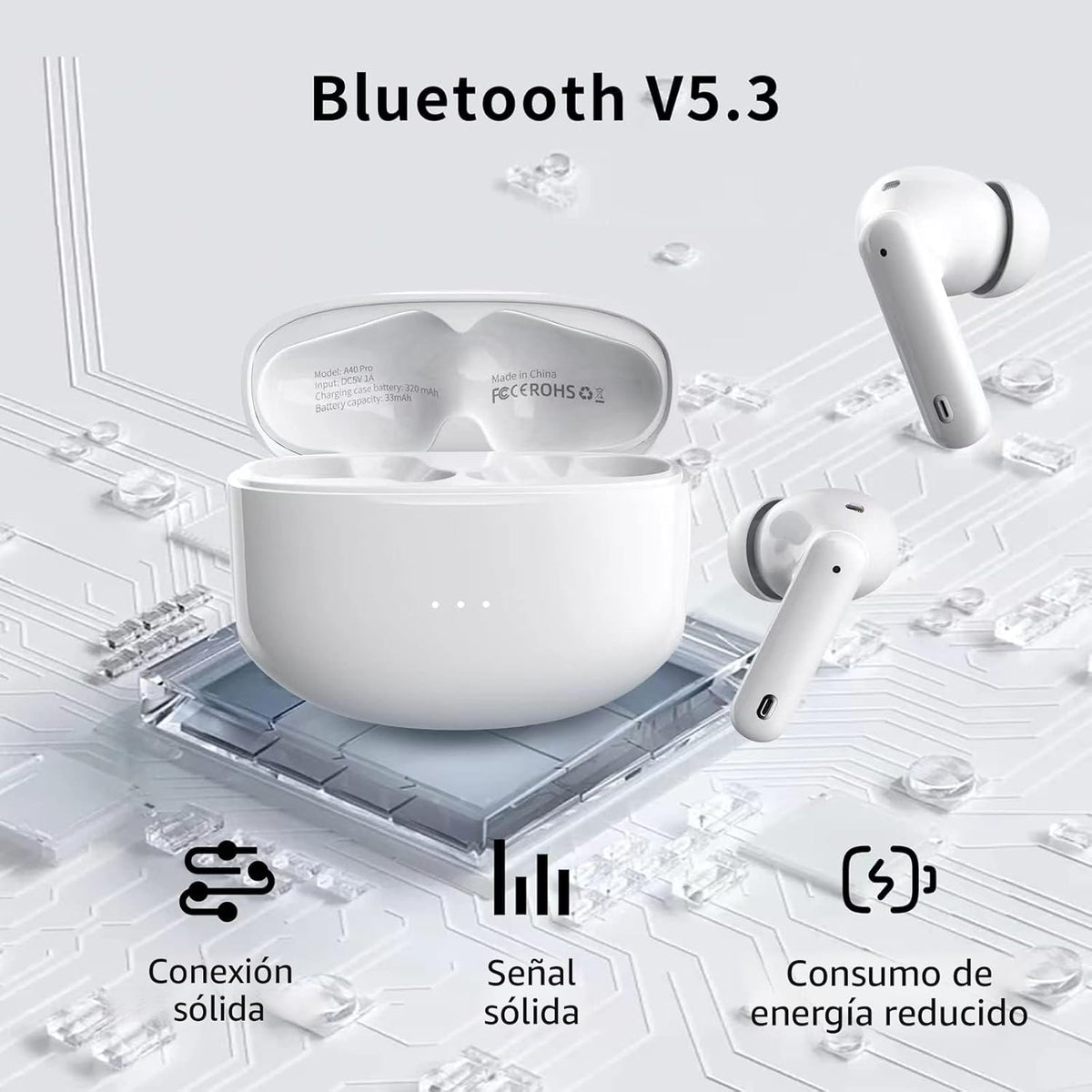 Auriculares inalámbricos A40 Pro, auriculares Bluetooth de 50 horas de reproducción, micrófono integrado con cancelación de ruido con funda de carga, auriculares Bluetooth con sonido estéreo
