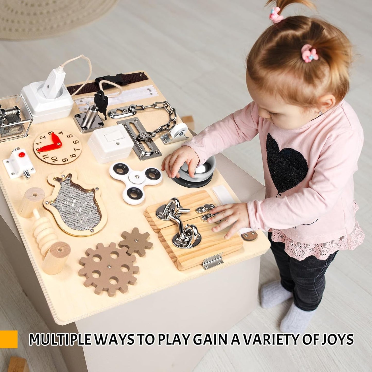 Montessori - Tabla de actividades para niños pequeños de 1, 2, 3, 4 años, juguetes sensoriales de madera, actividades de aprendizaje preescolar para habilidades motoras finas, juguete de viaje