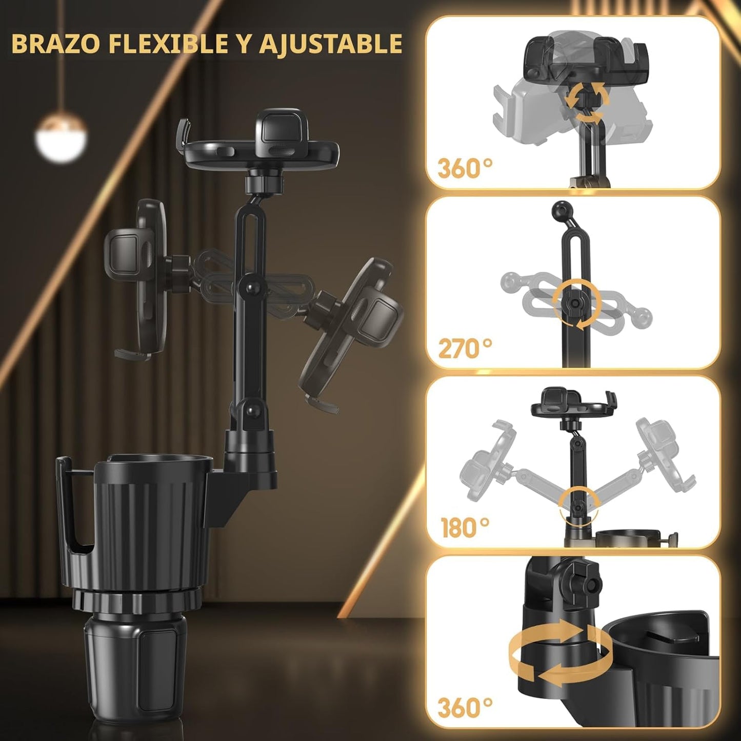 Soportes de teléfono para tu coche, expansor de portavasos universal 2 en 1 con base ajustable y soporte para teléfono, brazo largo con soporte de taza de rotación de 360° para teléfonos compatible