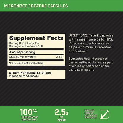 Optimum Nutrition Cápsulas micronizadas de monohidrato de creatina