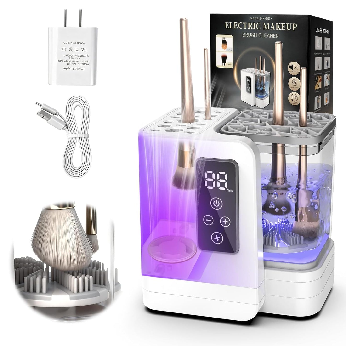 Limpiador y secadora de brochas de maquillaje eléctrico 5 en 1, herramienta de limpieza automática portátil de cepillos cosméticos USB con cepillo de silicona de limpieza profunda para pinceles de