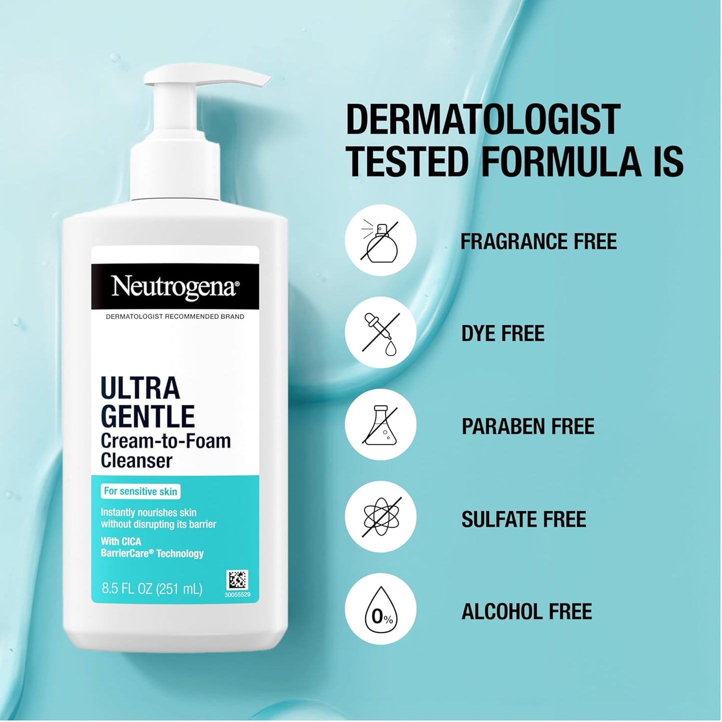 Neutrogena Crema ultra suave a espuma para piel sensible, limpiador facial suave sin fragancia, cuidado de la piel hipoalergénico, removedor de maquillaje no comedogénico, 8.5 onzas