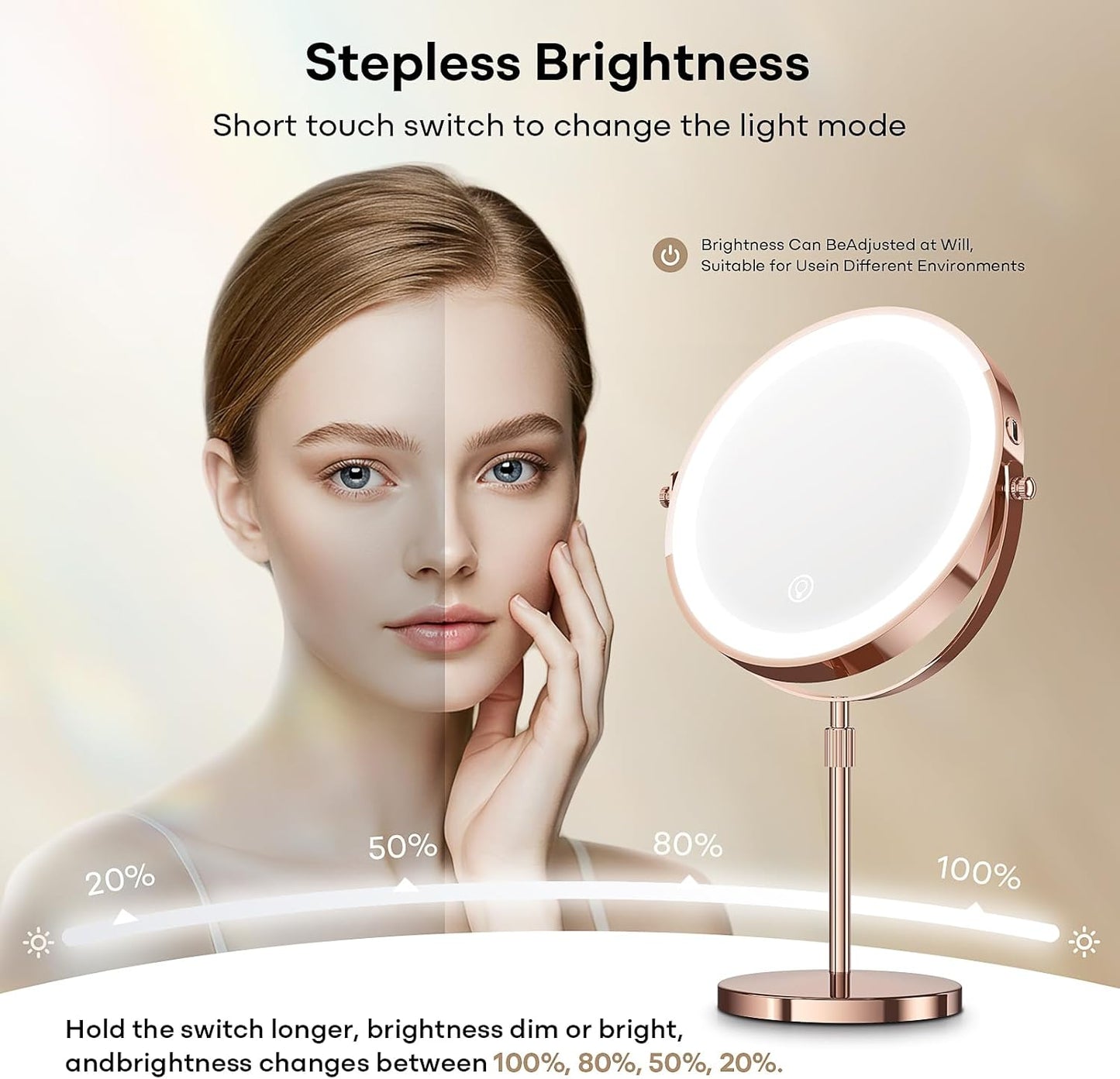 Espejo de maquillaje con luces, espejo de tocador con rotación de 3...