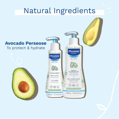 Mustela Set de regalo para la hora del baño para bebés, esenciales para el cuidado de la piel del bebé con aguacate natural, contiene loción corporal Hydra Bebe de 10.14 onzas líquidas y gel limpiador suave de 16.9 onzas líquidas, juego de 2 artículos