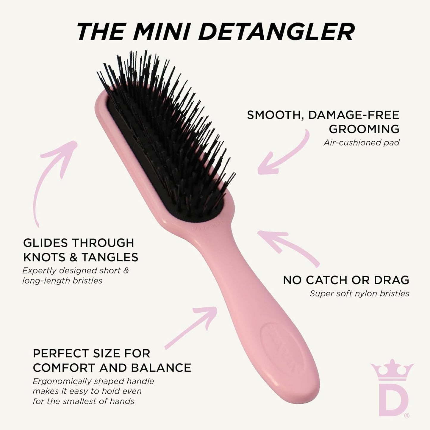 Denman Mini cepillo Deatngling para cabello corto, removedor suave de nudos húmedos y secos para niños y adultos, D90 Pink Crush