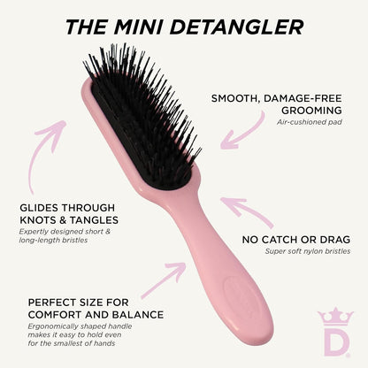 Denman Mini cepillo Deatngling para cabello corto, removedor suave de nudos húmedos y secos para niños y adultos, D90 Pink Crush