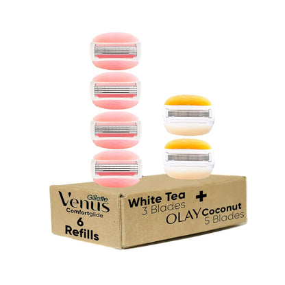 Gillette Venus ComfortGlide White Tea 4 unidades, con Gillette Venus ComfortGlide plus Olay 2 unidades, repuestos de cuchilla de afeitar para mujer