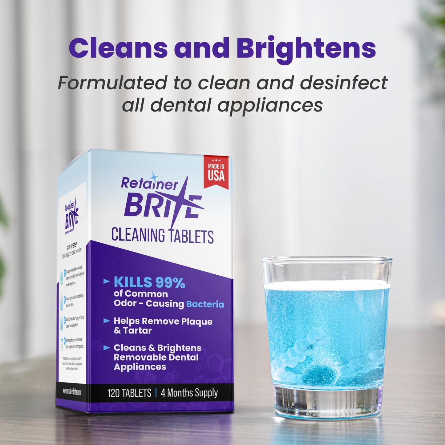 Retainer Brite Tabletas limpiadoras de retenedores para limpiadores ultrasónicos, utilizadas para limpiar Invisalign, protector bucal, protector nocturno y más, suministro de 4 meses, fabricado en