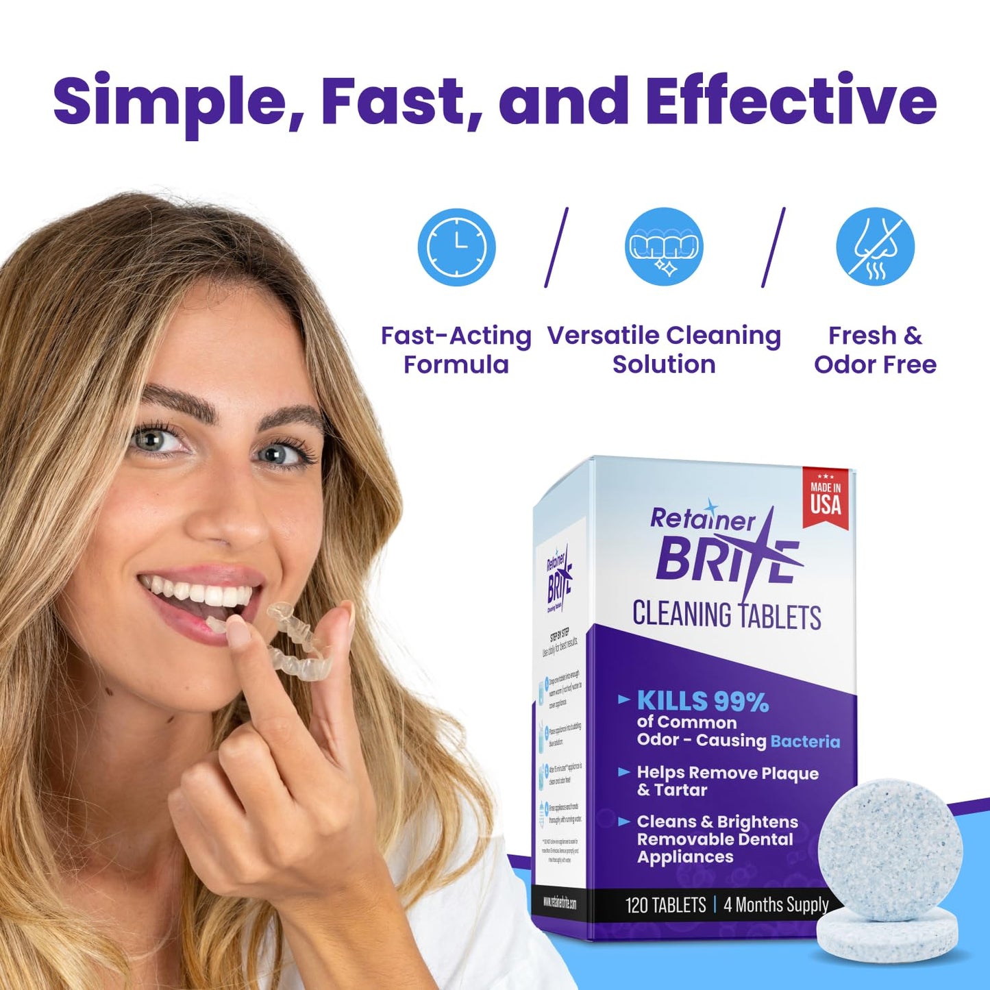 Retainer Brite Tabletas limpiadoras de retenedores para limpiadores ultrasónicos, utilizadas para limpiar Invisalign, protector bucal, protector nocturno y más, suministro de 4 meses, fabricado en