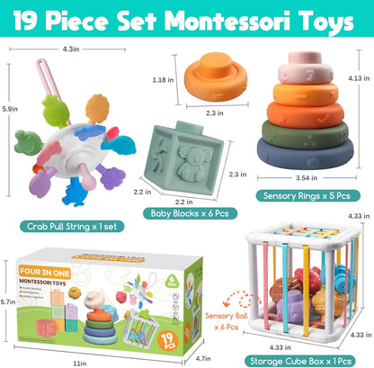 Juguetes Montessori para Bebés - Mordedor de Cuerda, Bloques Apilables, Contenedor de Formas Sensoriales, Diversión para la Hora del Baño Infantil, Juguetes 4 en 1 para Niños y Niñas