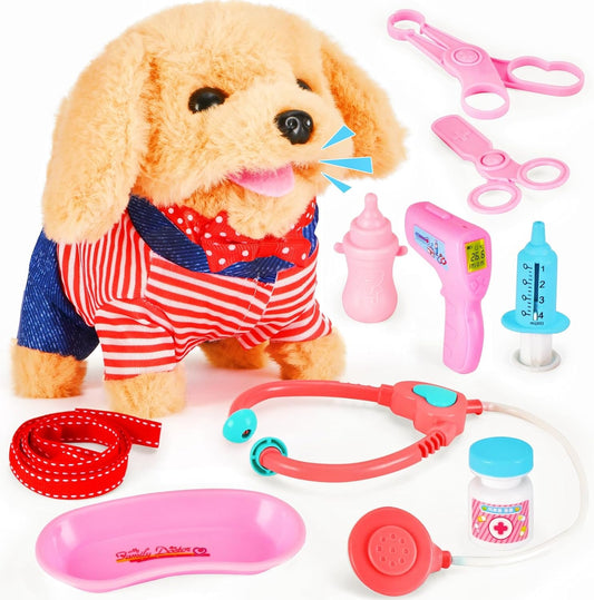 Juguete para niños pequeños 10 piezas Juguete interactivo de perro robot retriever - Cachorro caminante y de peluche con estetoscopio para juego de roles de veterinario, regalo educativo para