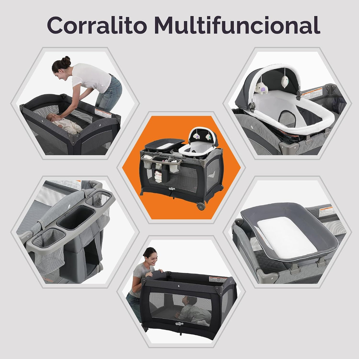 Pamo Babe Pack and Play 4 en 1 - Corral para bebés con moisés y cam...