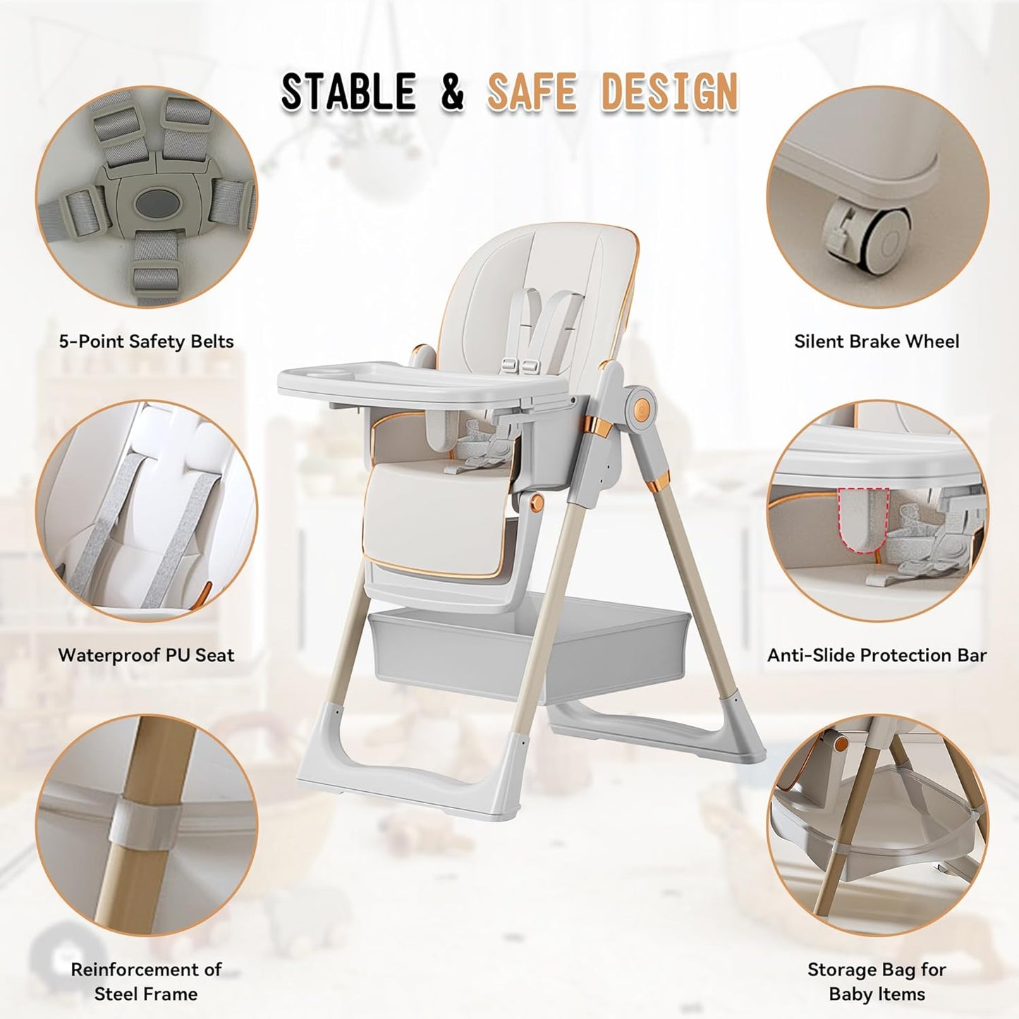 SmartEdge Silla alta para bebé 3 en 1 con ruedas, sillas altas pleg...