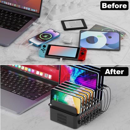 Estación de carga para múltiples dispositivos, estación de carga USB Cinlinso de 150 W/35 A, 16 puertos, organizador de cargador rápido para múltiples dispositivos, compatible con iPad, tableta, teléfono celular Kindle y otros dispositivos electrónicos